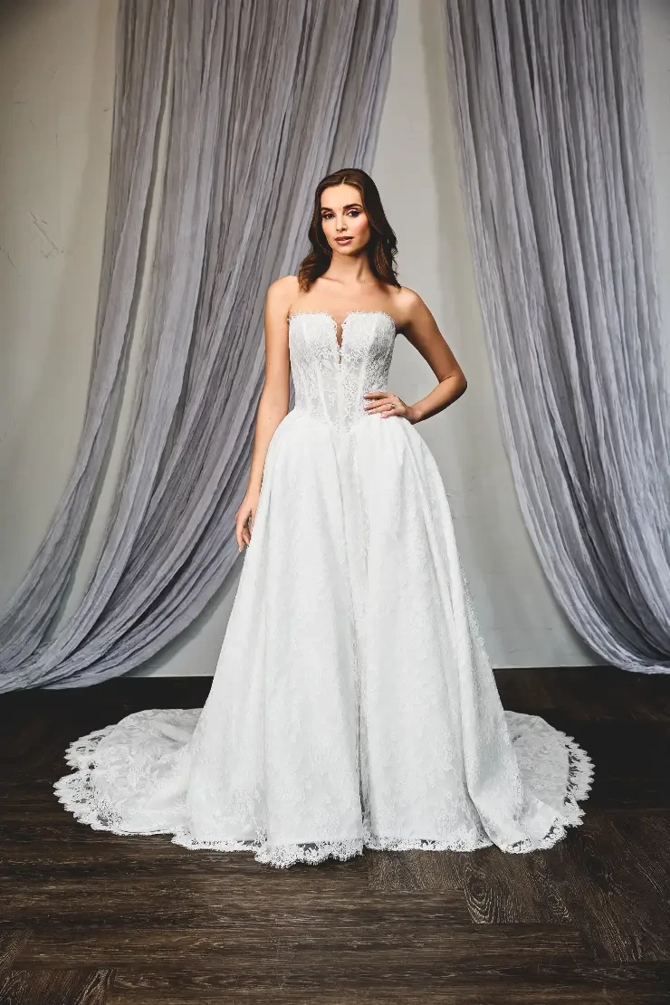 wedding dress tight top flowy bottom Stunning A Line Lace Top Chiffon Boho Bride Dress With Slit Wedding Go –  Demodresses main image 0