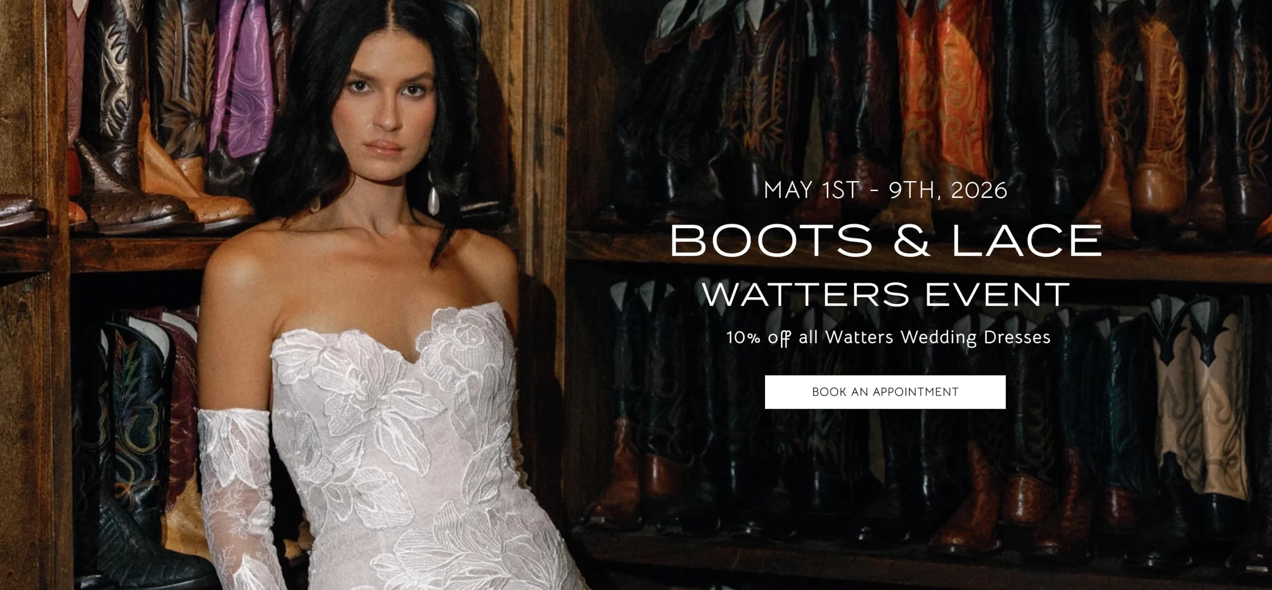 Model wearing bridal gown, boots & lace Watters event desktop banner