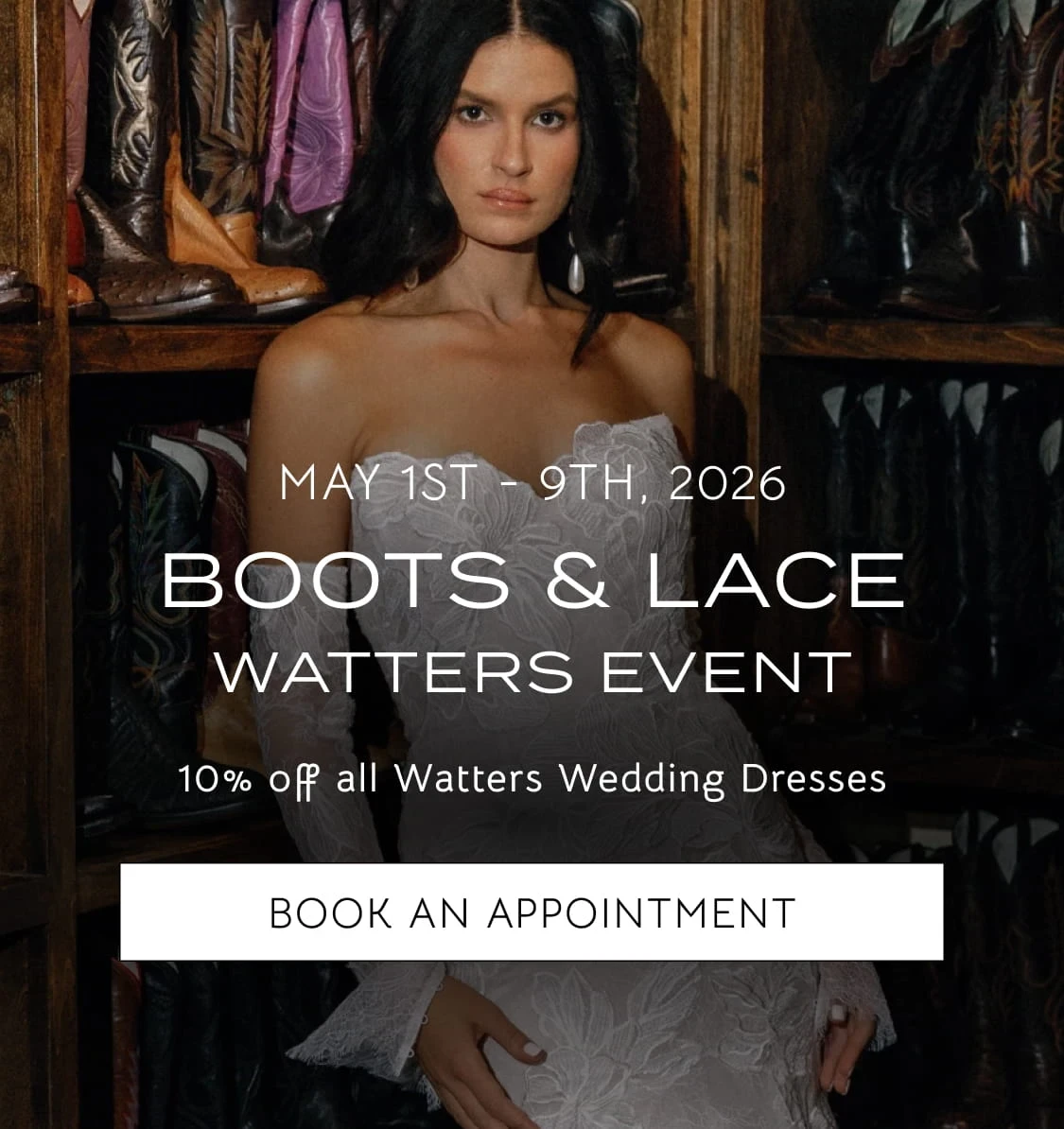 Model wearing bridal gown, boots & lace Watters event mobile banner
