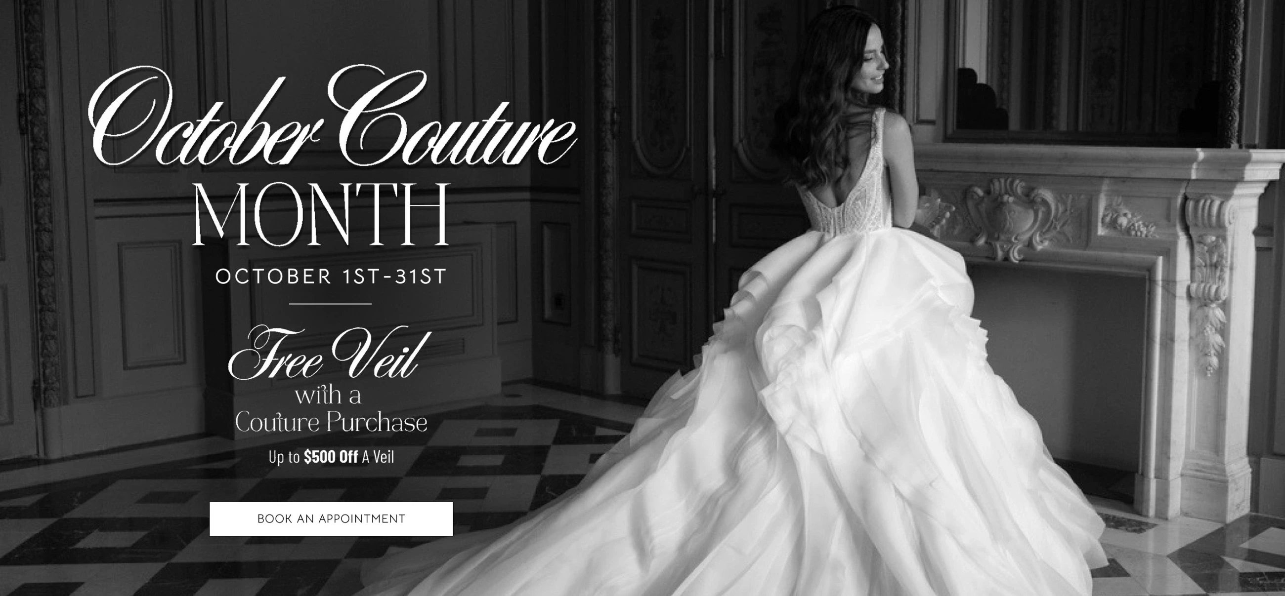 Model wearing bridal gown, October Couture Month event desktop banner