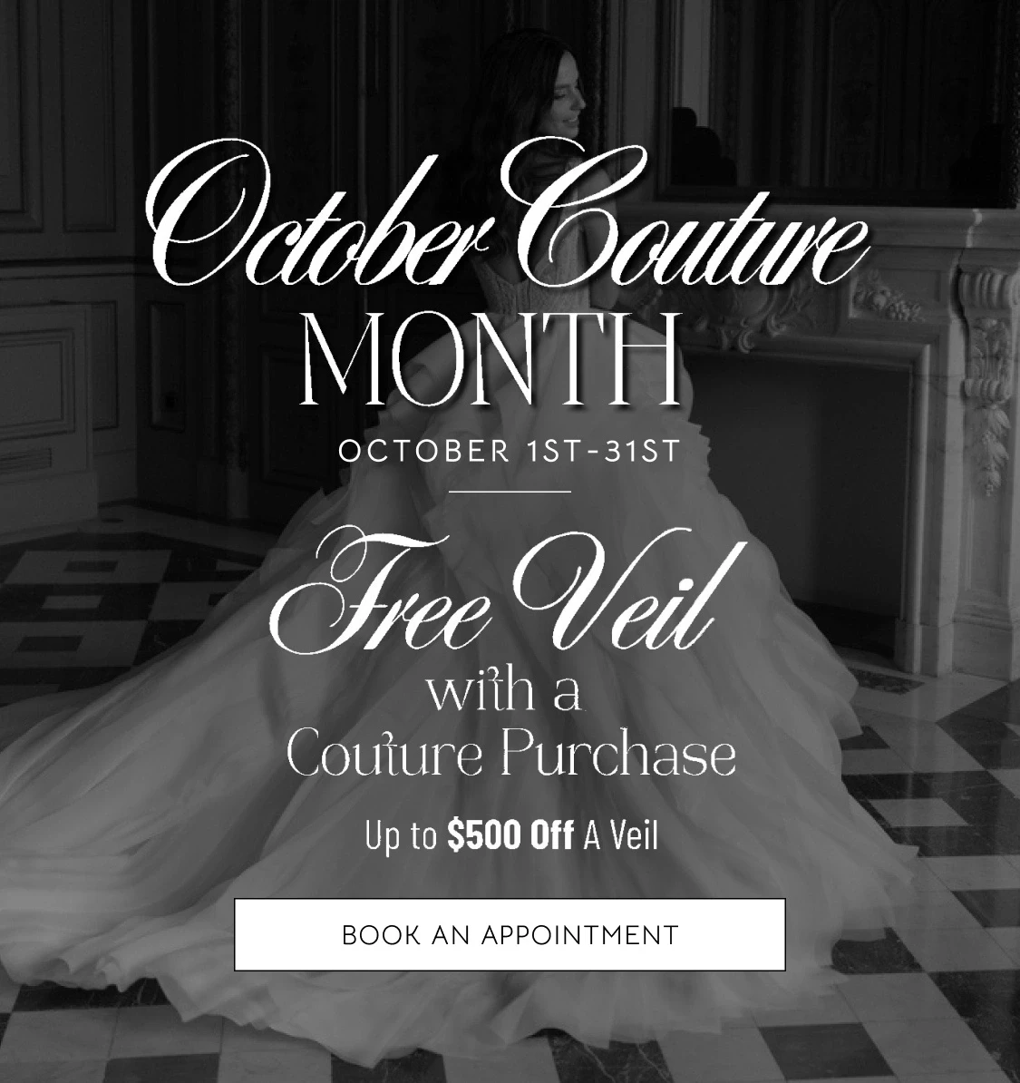 Model wearing bridal gown, October Couture Month event mobile banner